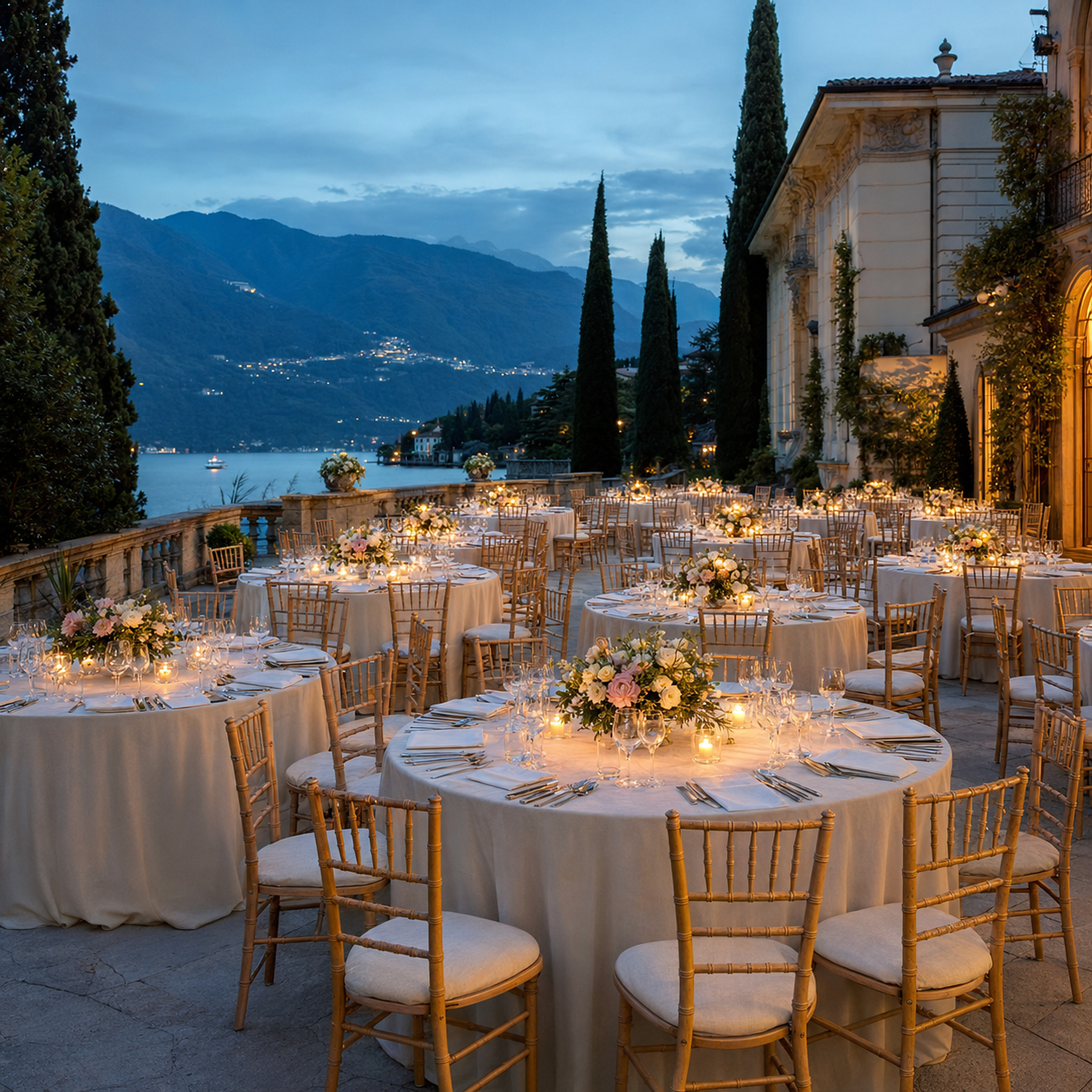 Italian lakeside banquet with elegant event furniture