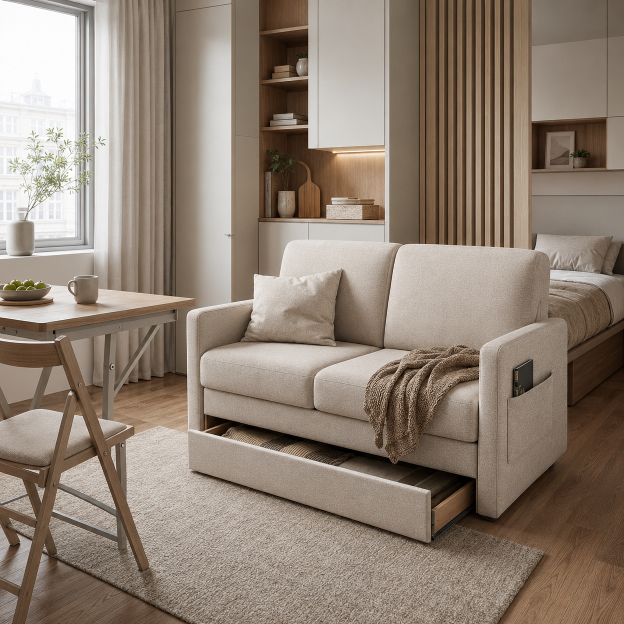 Compact pullout sofa designed for smaller living spaces